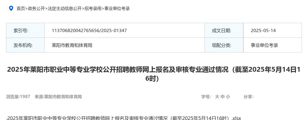 2025年烟台莱阳市职业中等专业学校公开招聘教师网上报名及审核专业通过情况（截至2025年5月14日16时） 图片