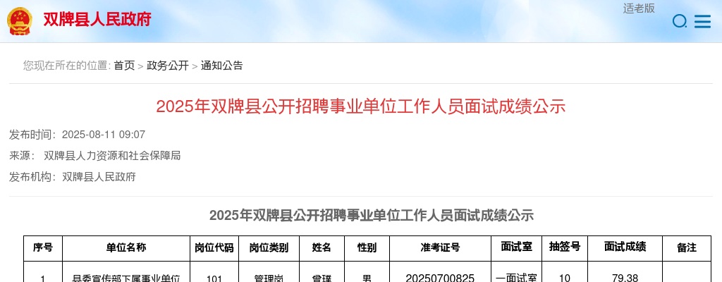 2025湖南永州双牌县招聘事业单位工作人员面试成绩公示 图片