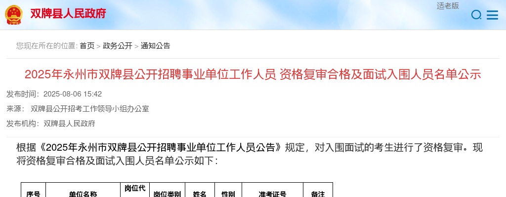 2025湖南永州市双牌县招聘事业单位工作人员资格复审合格及面试入围人员公告 图片