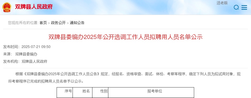2025湖南永州市双牌县委编办选调工作人员拟聘用人员名单公示 图片