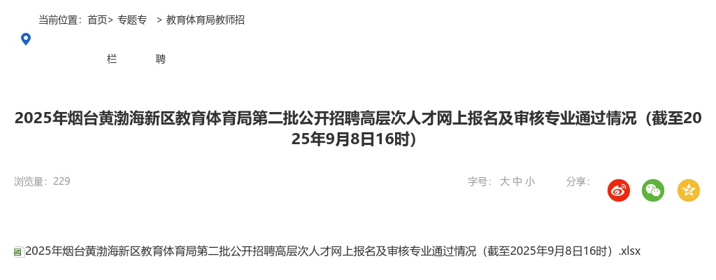 2025年烟台黄渤海新区教育体育局第二批公开招聘高层次人才网上报名及审核专业通过情况（截至2025年9月8日16时） 图片