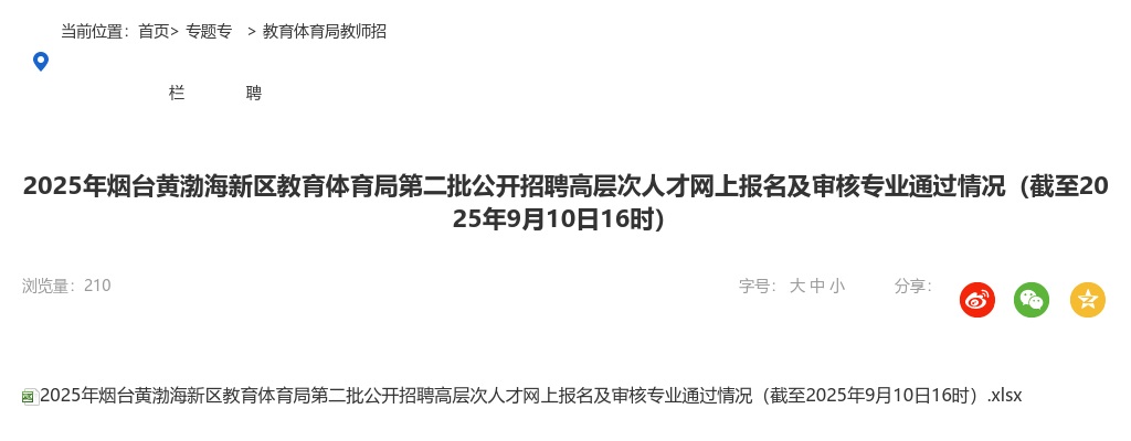 2025年烟台黄渤海新区教育体育局第二批公开招聘高层次人才网上报名及审核专业通过情况（截至2025年9月10日16时） 图片