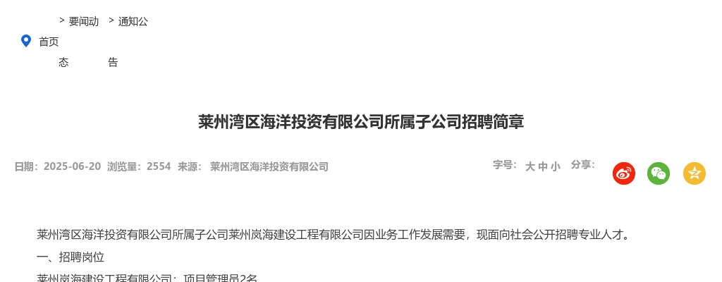 莱州湾区海洋投资有限公司所属子公司招聘简章（2人） 图片