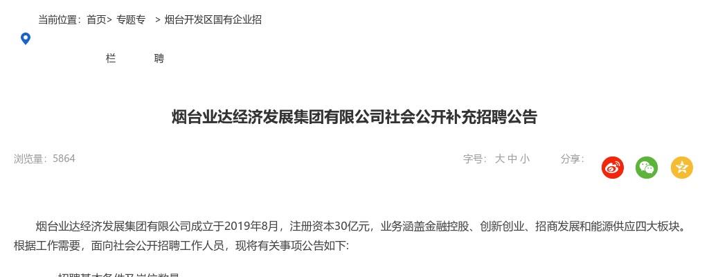 烟台业达经济发展集团有限公司社会公开补充招聘公告（27人） 图片