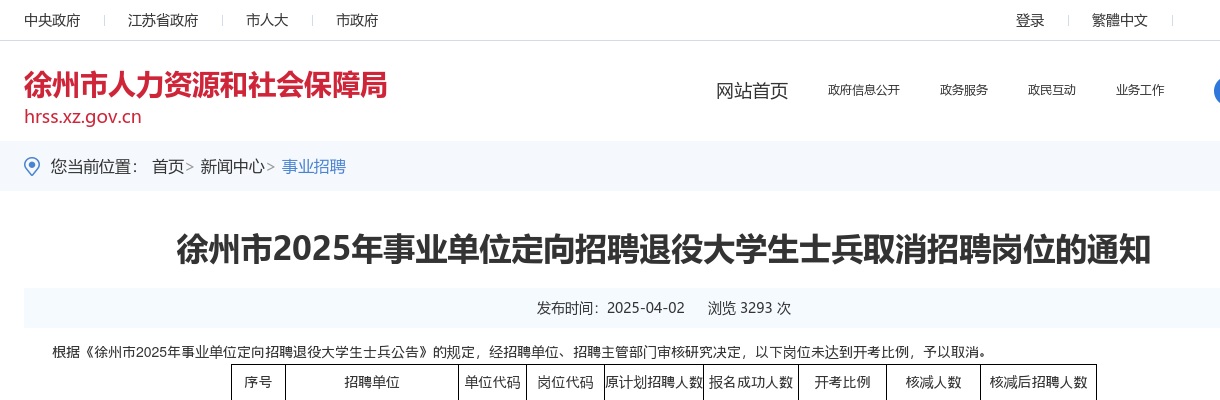 2025江苏徐州市事业单位定向招聘退役大学生士兵取消招聘岗位通知                进入阅读模式 图片