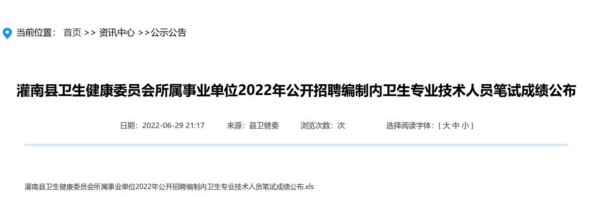2022年灌南县卫生健康委员会所属事业单位公开招聘编制内卫生专业技术人员笔试成绩公布                进入阅读模式 图片