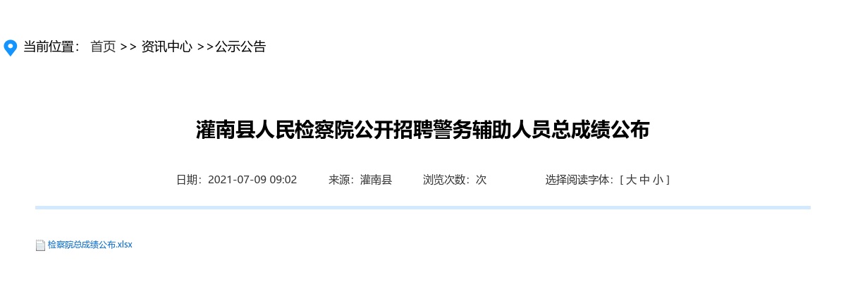2021灌南县人民检察院公开招聘警务辅助人员总成绩公布                进入阅读模式 图片