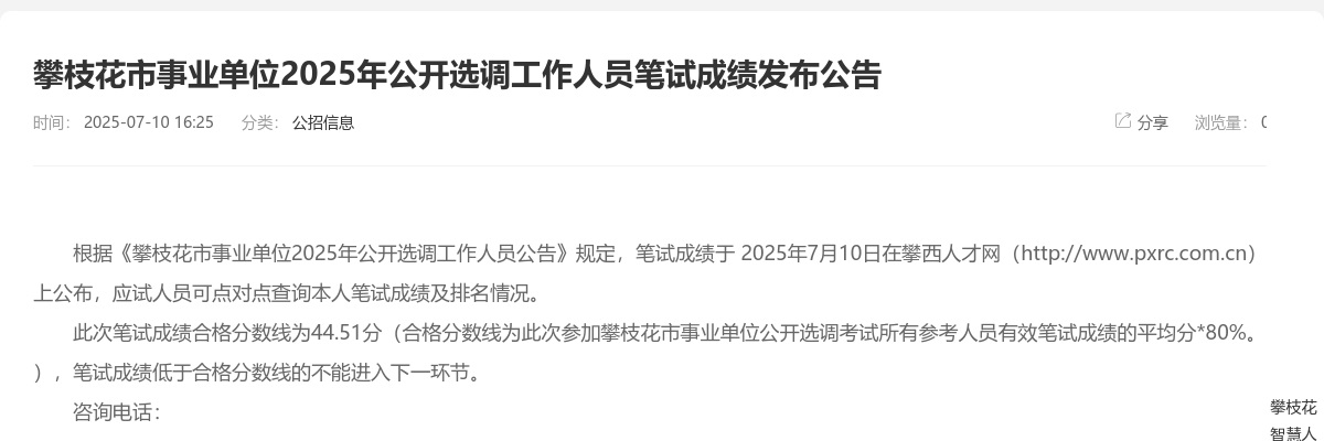 攀枝花市事业单位2025年公开选调工作人员笔试成绩发布公告 图片