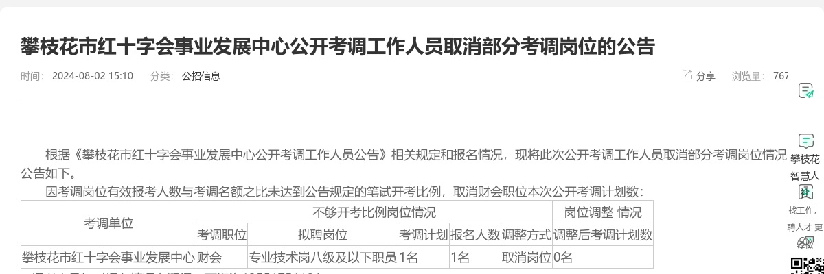 攀枝花市红十字会事业发展中心公开考调工作人员取消部分考调岗位的公告 图片