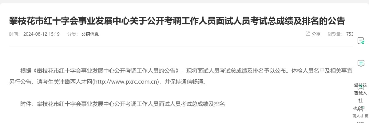 攀枝花市红十字会事业发展中心关于公开考调工作人员面试人员考试总成绩及排名的公告 图片