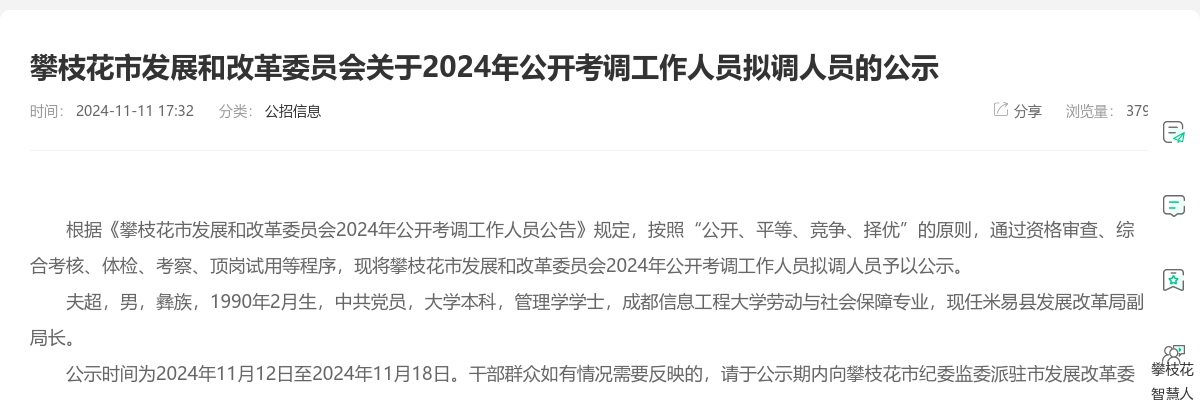 攀枝花市发展和改革委员会关于2024年公开考调工作人员拟调人员的公示 图片