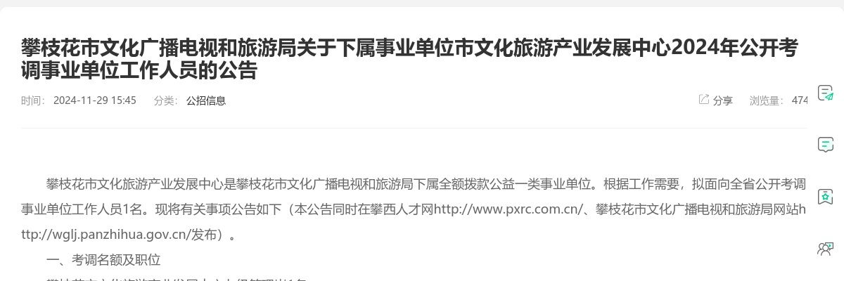 2024年攀枝花市文化广播电视和旅游局考调事业单位工作人员1人 图片