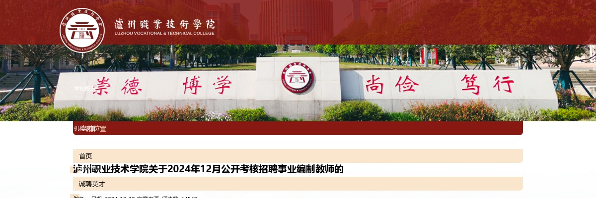 泸州职业技术学院关于2024年12月公开考核招聘事业编制教师的公告（17人） 图片
