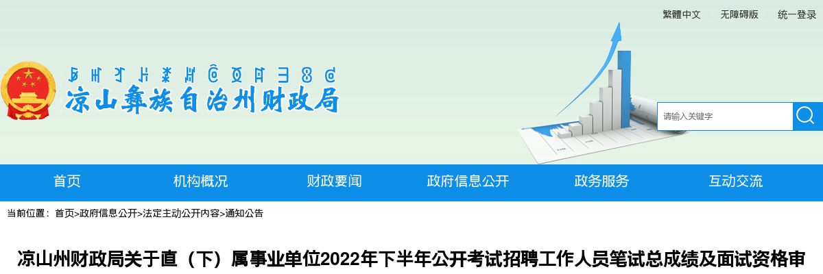 2022下半年四川凉山州财政局直（下）属事业单位考试招聘工作人员笔试总成绩及面试资格审查公告 图片