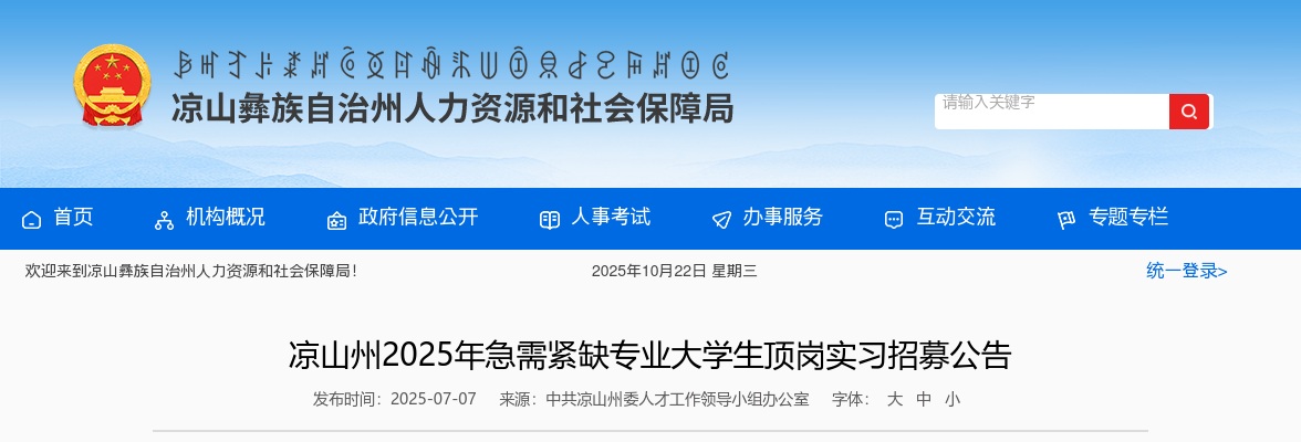 凉山州2025年急需紧缺专业大学生顶岗实习招募公告 图片