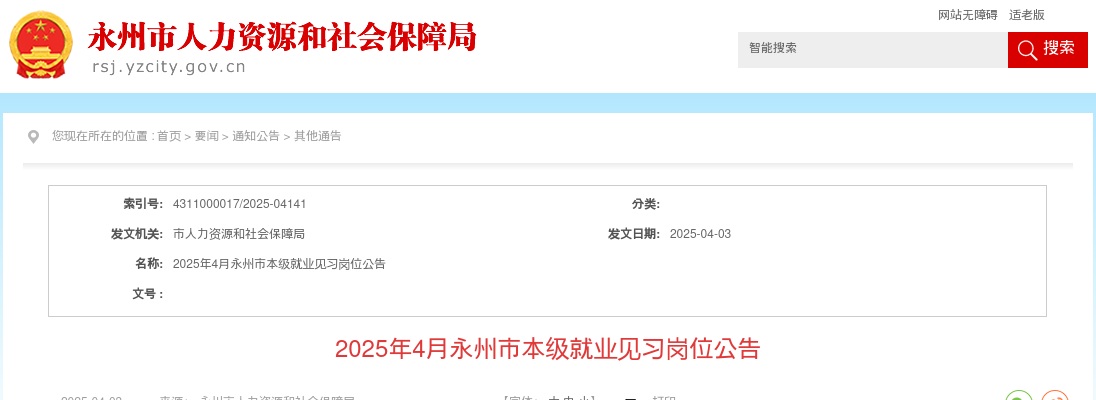 2025年4月湖南永州市本级就业见习岗位招聘24人公告 图片