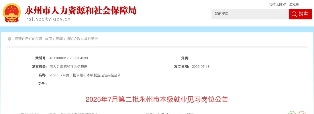 2025年7月第二批永州市本级就业见习岗位招聘9人公告 图片