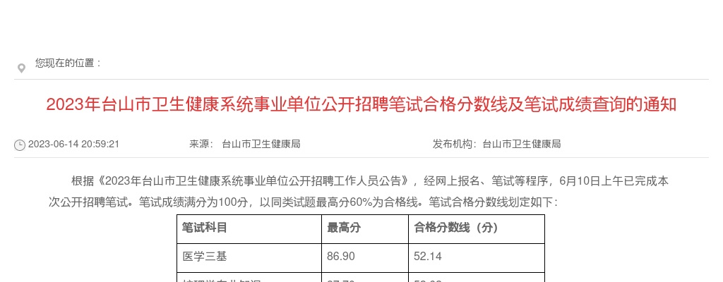 2023年台山市卫生健康系统事业单位公开招聘笔试合格分数线及笔试成绩查询的通知 图片