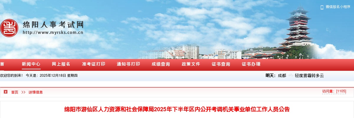绵阳市游仙区人力资源和社会保障局2025年下半年区内公开考调机关事业单位工作人员公告 图片