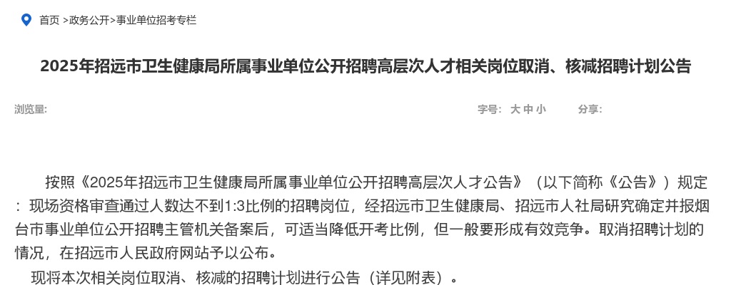 2025年烟台招远市卫生健康局所属事业单位公开招聘高层次人才相关岗位取消、核减招聘计划公告 图片