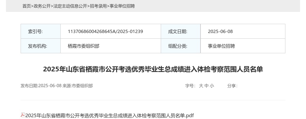 2025年烟台栖霞市公开考选优秀毕业生总成绩进入体检考察范围人员名单 图片