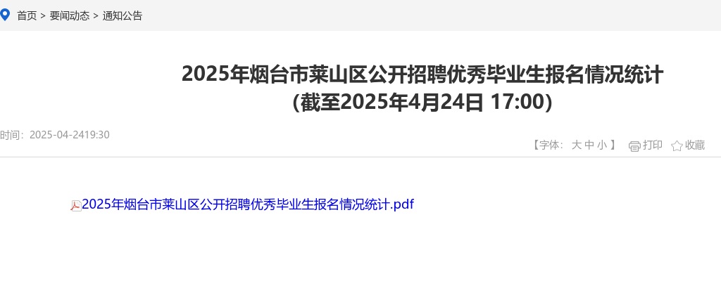 2025年烟台市莱山区公开招聘优秀毕业生报名情况统计 （截至2025年4月24日 17:00） 图片