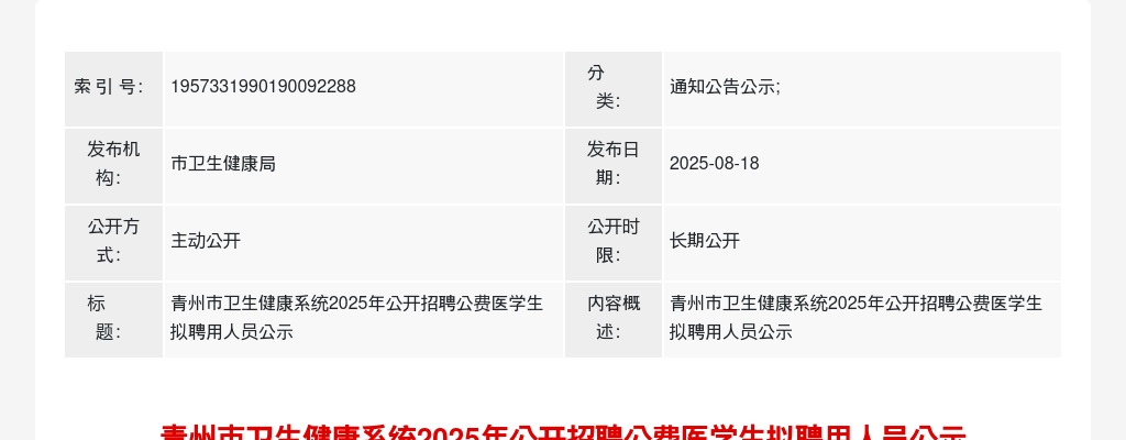 潍坊青州市卫生健康系统2025年公开招聘公费医学生拟聘用人员公示 图片