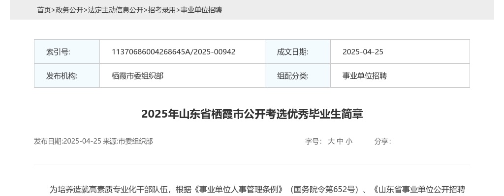 2025年山东省烟台栖霞市公开考选优秀毕业生简章 图片