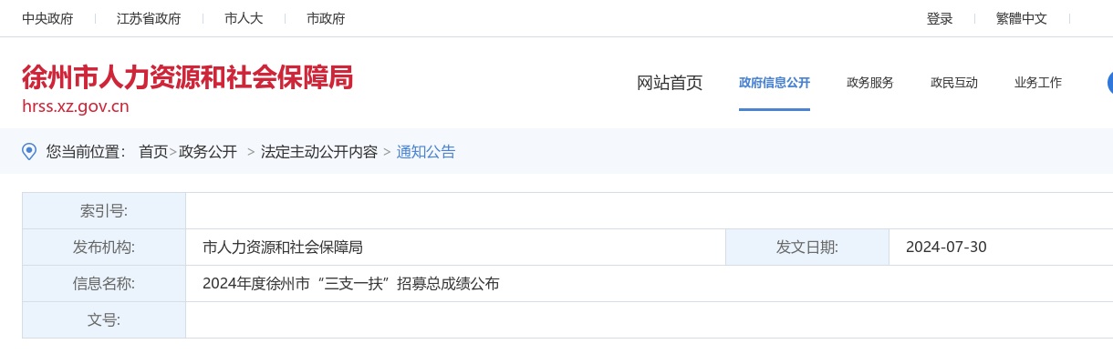 2024年度徐州市“三支一扶”招募总成绩公布                进入阅读模式 图片