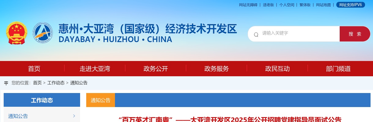 2025广东惠州市大亚湾开发区招聘党建指导员面试公告 图片