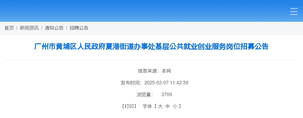 2025广东广州市黄埔区人民政府夏港街道办事处基层公共就业创业服务岗位招募2人公告 图片