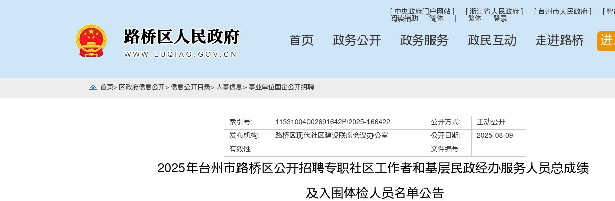 2025年路桥区招聘社区工作者和基层民政经办服务人员成绩及入围体检名单 图片