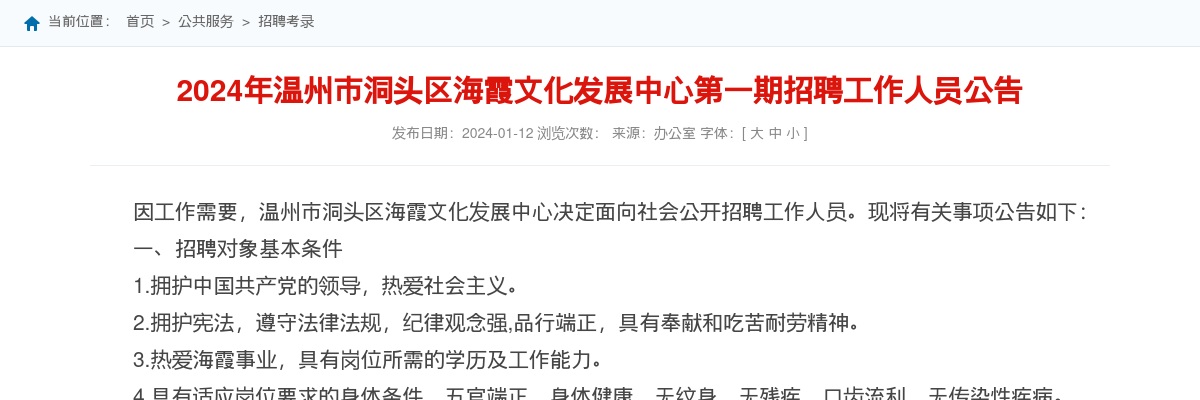 2024温州事业单位招聘公告-温州市洞头区海霞文化中心招聘11人 图片
