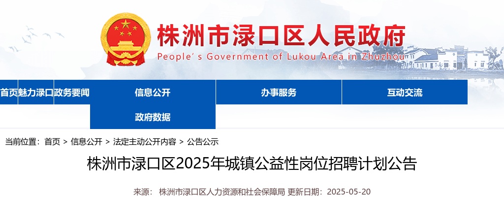 2025湖南株洲市渌口区城镇公益性岗位招聘计划8人公告 图片