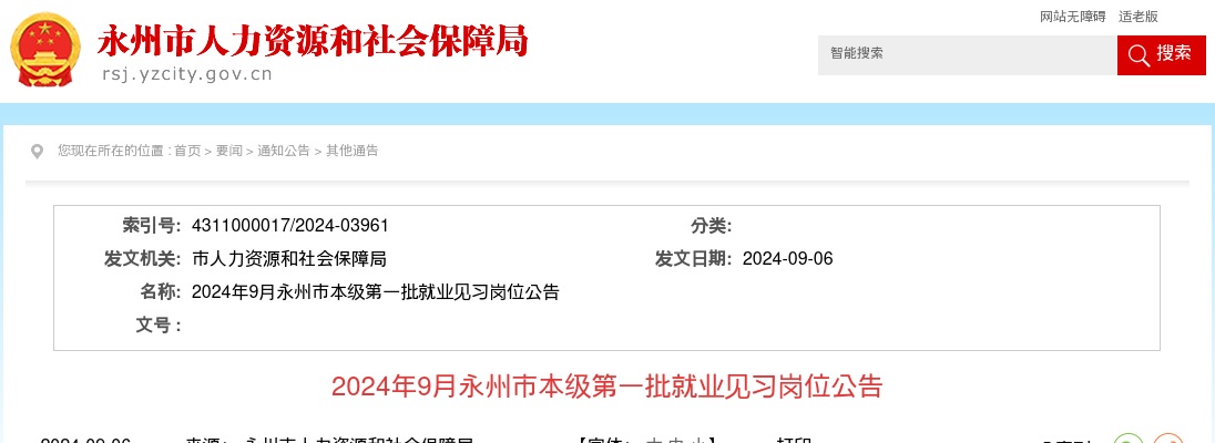 2024年9月湖南永州市本级第一批就业见习岗位公告（151人） 图片