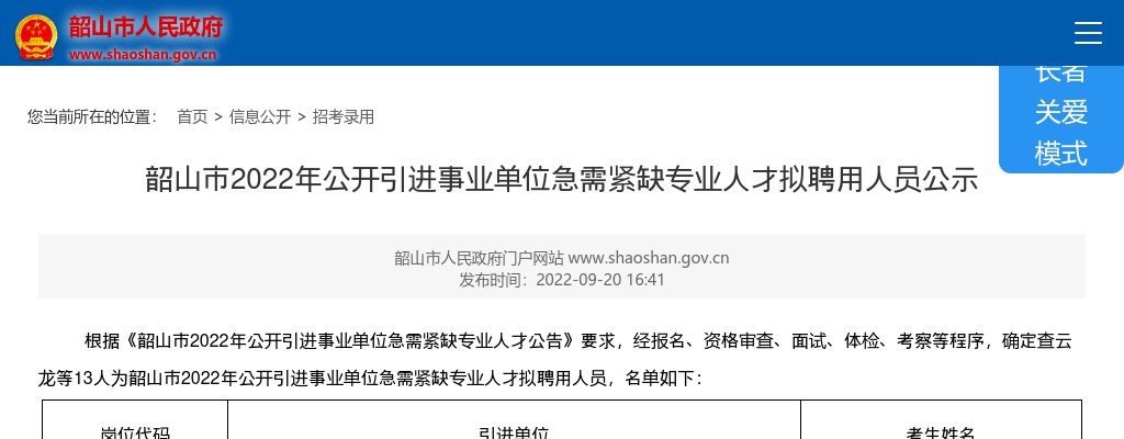 2022湖南湘潭韶山市引进事业单位急需紧缺专业人才拟聘用人员公示 图片