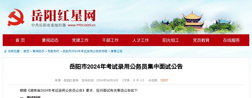 2024年岳阳市考试录用公务员集中面试公告 图片