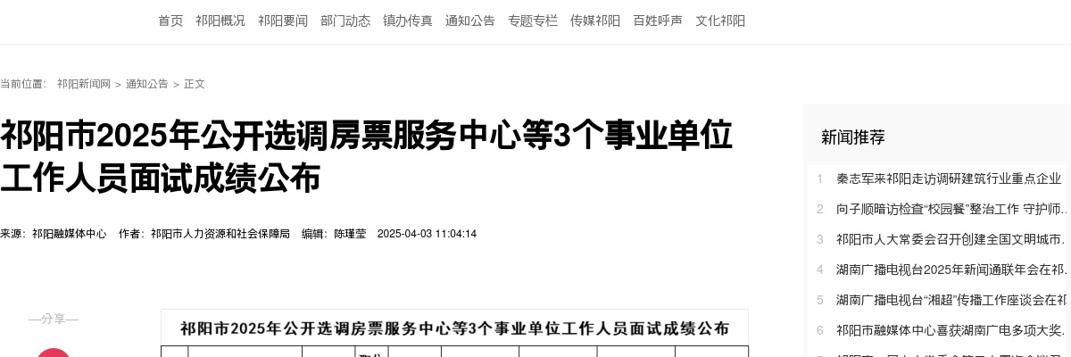 2025湖南永州祁阳市公开选调房票服务中心等3个事业单位工作人员面试成绩公布 图片