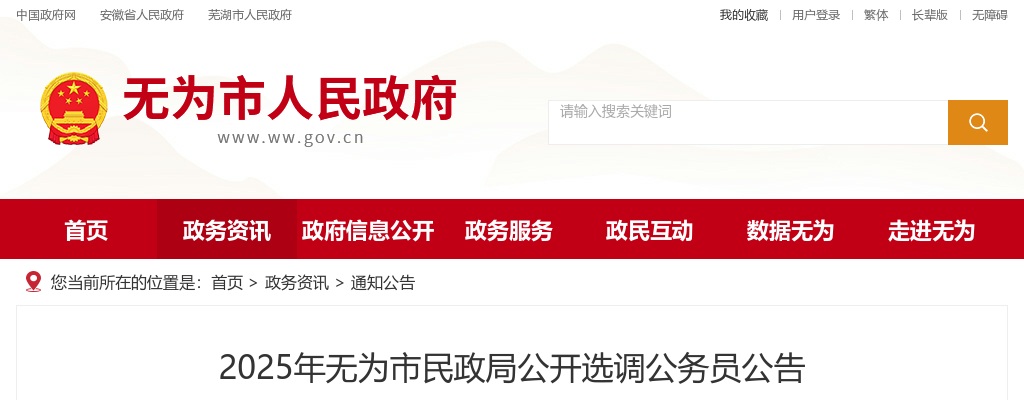 2025年芜湖无为市民政局选调公务员2人公告 图片