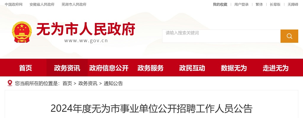 2024年度芜湖市无为市事业单位公开招聘工作人员100名公告 图片