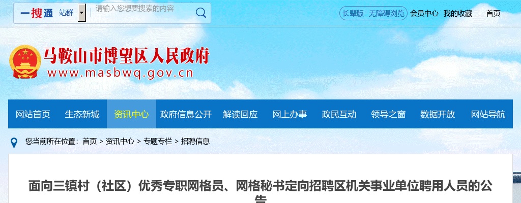 2024年马鞍山博望区面向三镇村（社区）优秀专职网格员、网格秘书定向招聘区机关事业单位聘用2人公告 图片