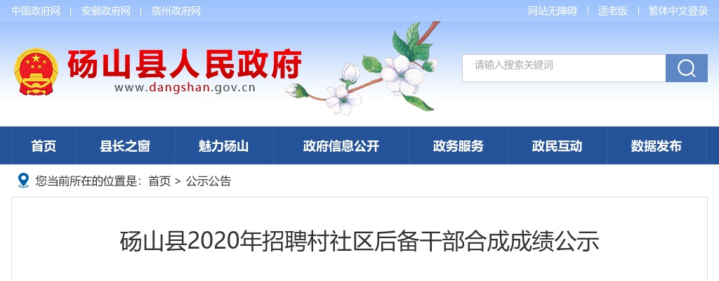 2020宿州砀山县招聘村社区后备干部合成成绩公示 图片