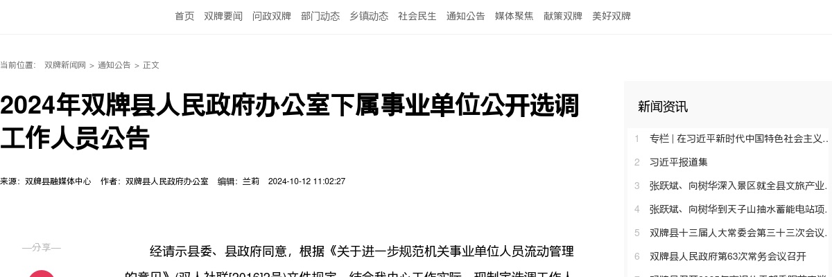 2024永州双牌县人民政府办公室下属事业单位选调工作人员公告 图片