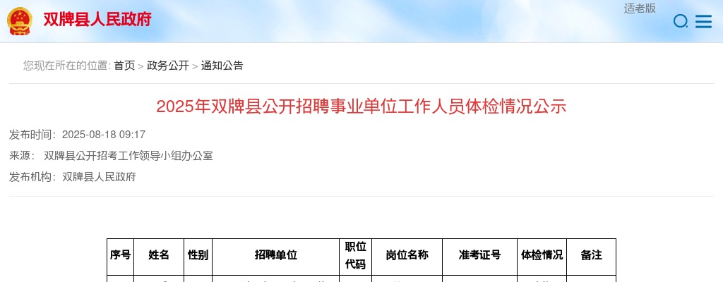 2025年双牌县公开招聘事业单位工作人员体检情况公示 图片