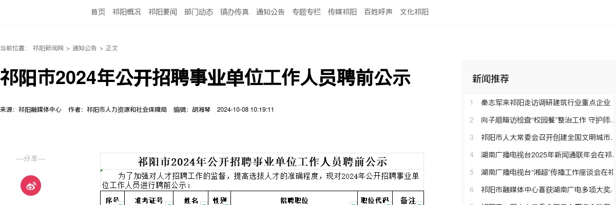 2024永州祁阳市招聘事业单位工作人员聘前公示 图片