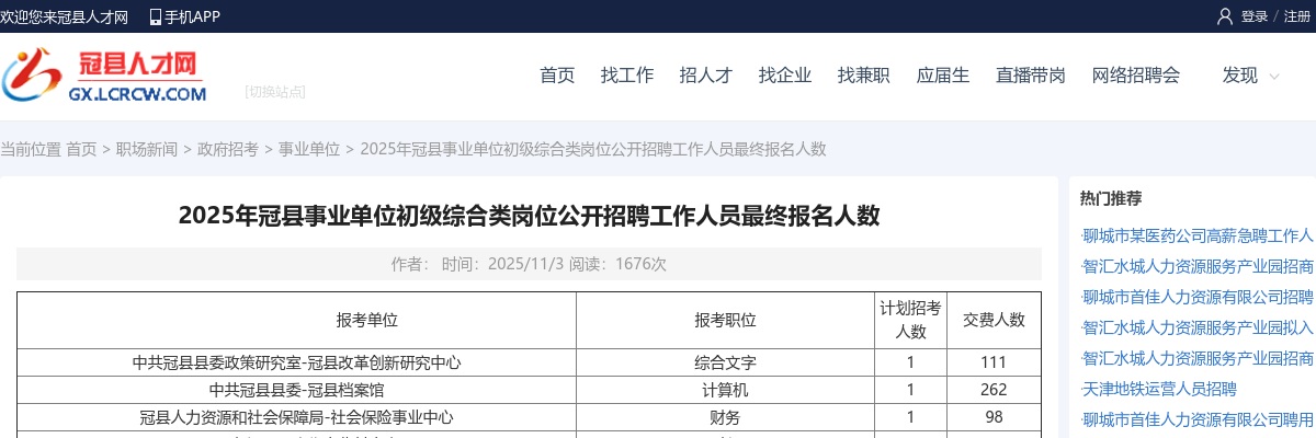 2025年聊城冠县事业单位初级综合类岗位公开招聘工作人员最终报名人数 图片