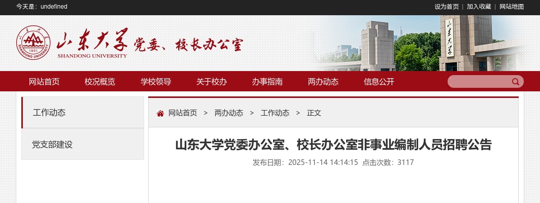 2025山东大学党委办公室、校长办公室非事业编制人员招聘2人公告 图片