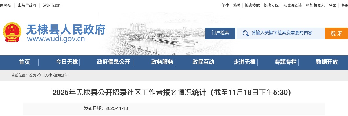 2025年滨州无棣县公开招录社区工作者报名情况统计（截至11月18日下午5:30） 图片