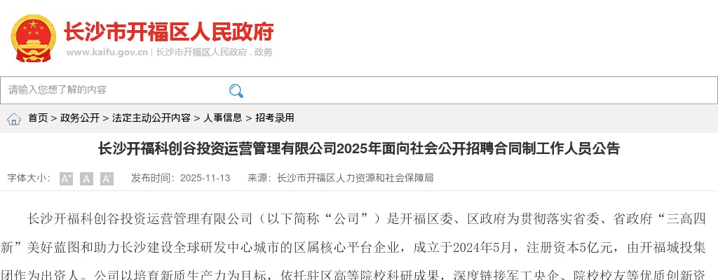 2025年长沙开福科创谷投资运营管理有限公司招聘6人公告 图片