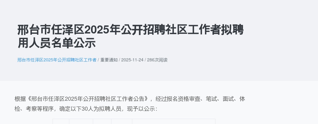 2025年河北邢台市任泽区公开招聘社区工作者拟聘用人员名单公示 图片